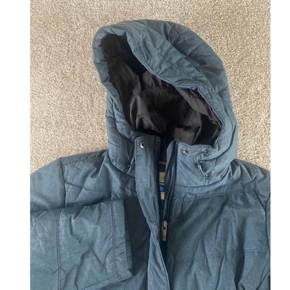 Columbia Mens L Blue Heathered Hooded Puffer Jacket Insulated Coat Warm Preppy